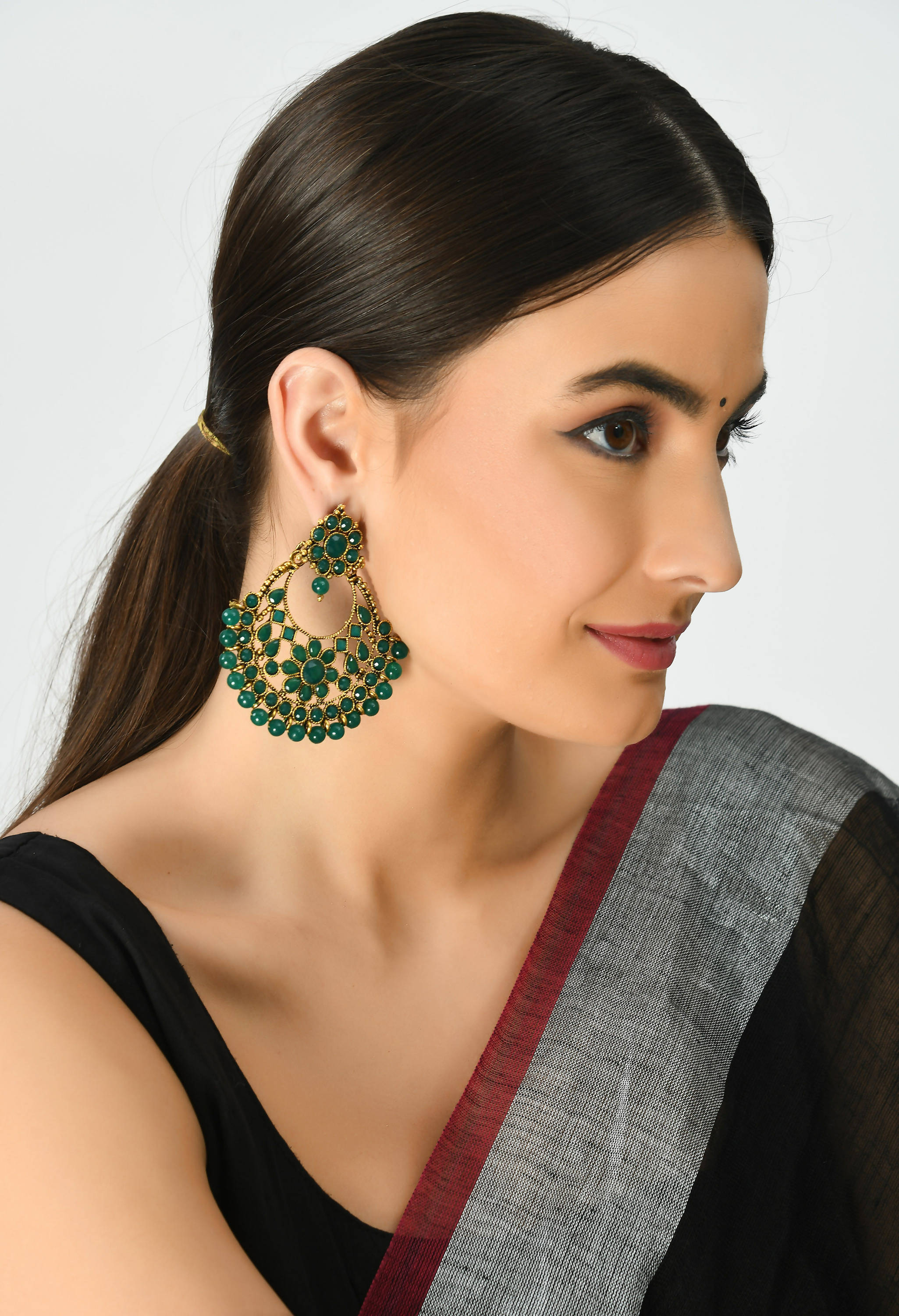 Johar Kamal Gold-Plated Kundan & Pearls Green Color Ear
