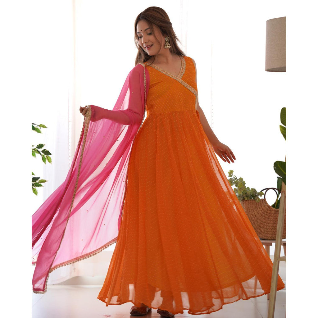 Women's Yellow Leheriya Angrakha Anarkali Pant Set With Dupatta