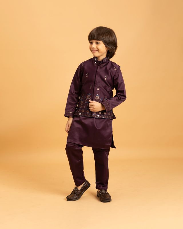 Boy's Purple Malai Satin Kurta Set