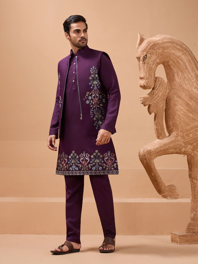 Men's Purple Viscose Silk Multi Thread With Sequence Embroidered Work Kurta Set