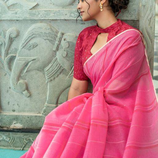 Women's Pink Linen Zari Woven Saree with Blouse - Vishnu Weaves