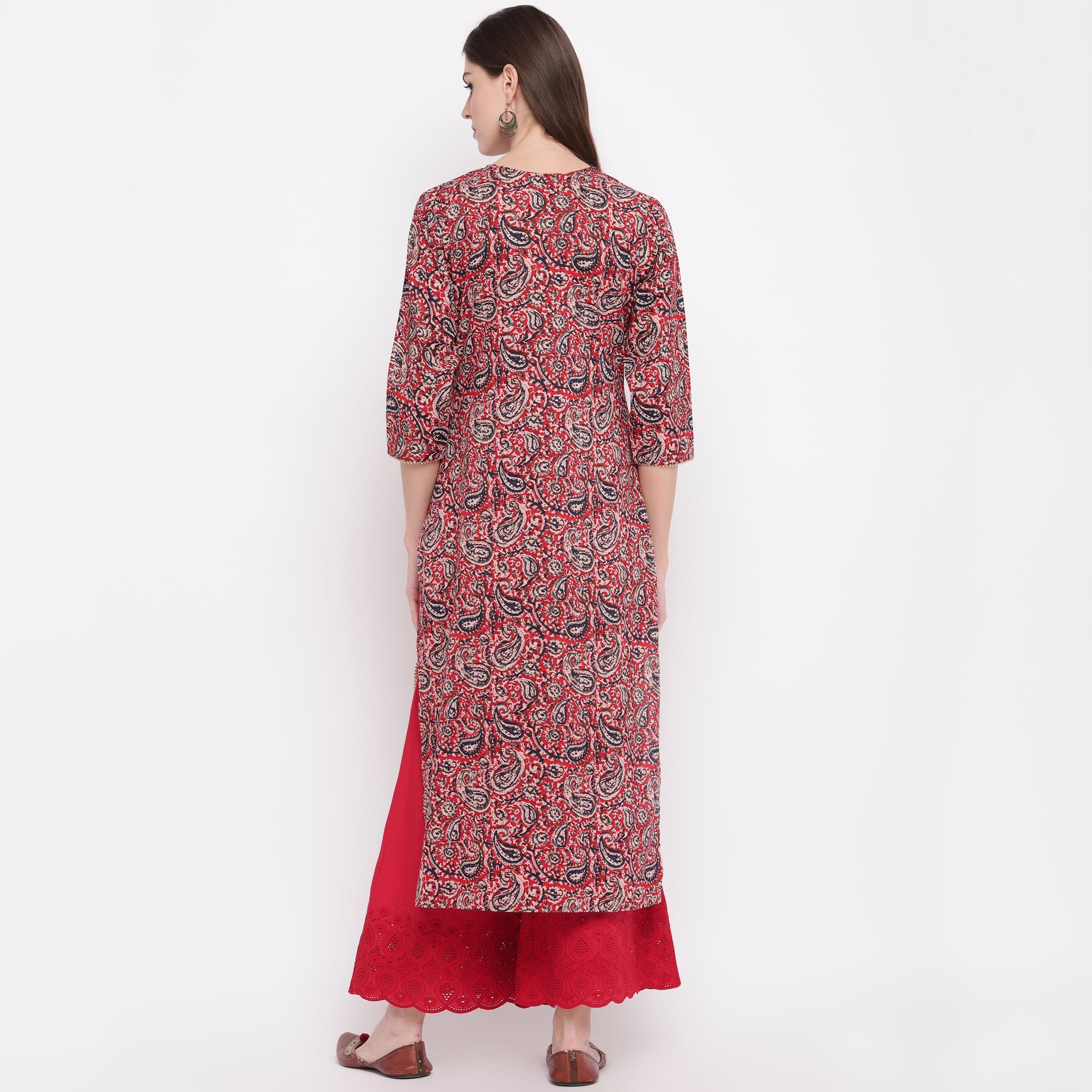 Women's Red Kalamkari Print Cotton Kurta By - (1Pc Set) Final Clearance Sale