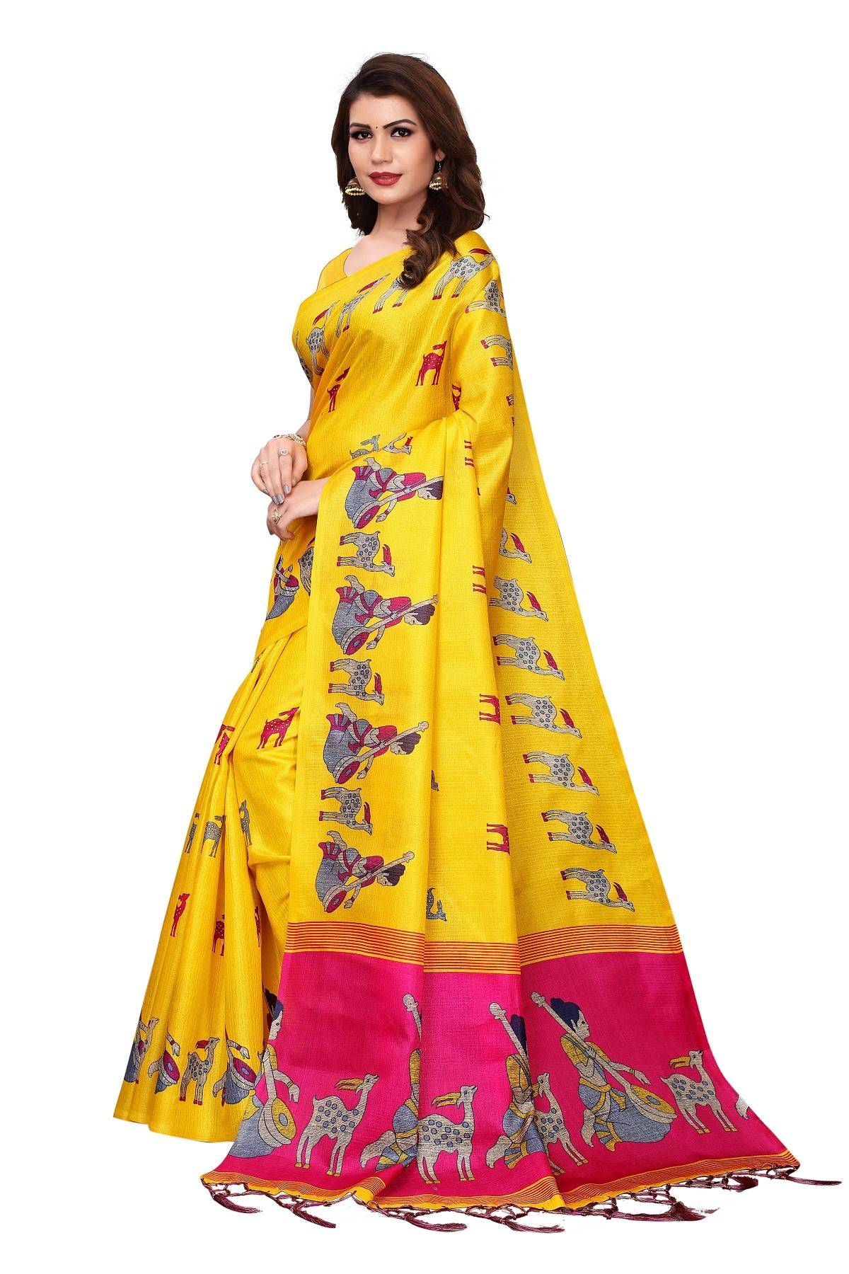 Women's Vamika Pink Kalamkari With Jhalar Silk Saree Maithali Yellow