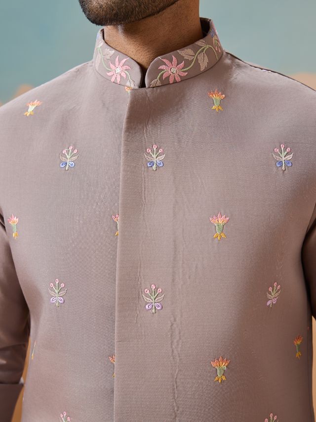 Men's Grey Viscose Silk Multi Thread With Sequence Embroidered Work Kurta Set