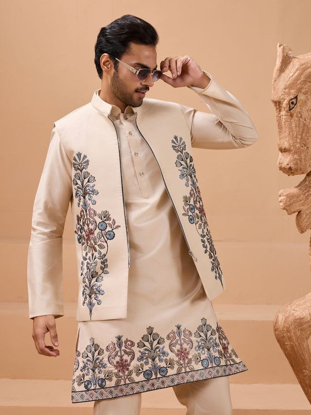 Men's Beige Viscose Silk Multi Thread With Sequence Embroidered Work Kurta Set