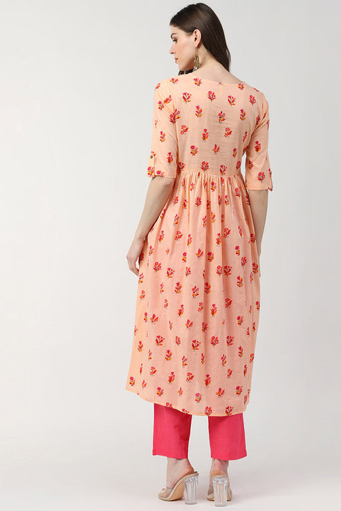Peach Cotton Ethnic Motifs Printed A Line Kurti