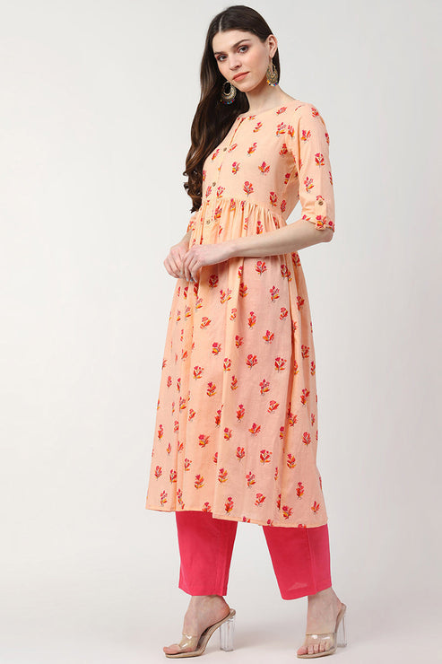 Peach Cotton Ethnic Motifs Printed A Line Kurti