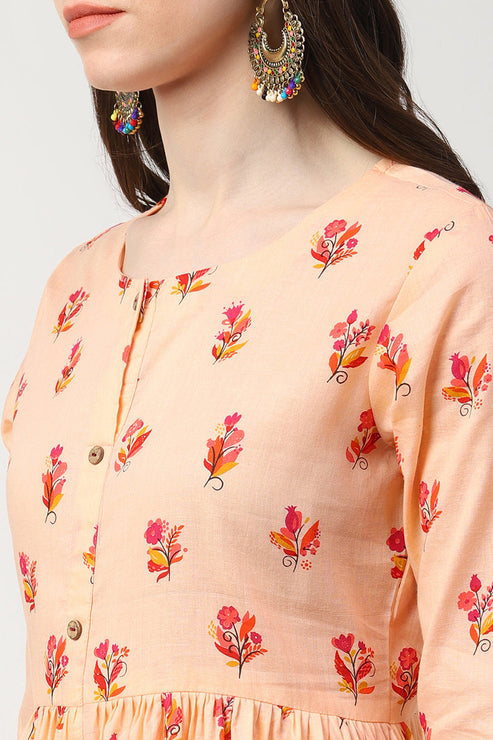 Peach Cotton Ethnic Motifs Printed A Line Kurti