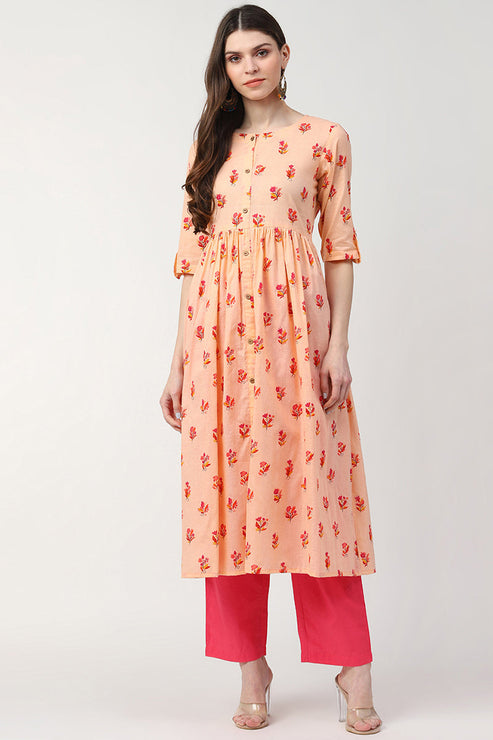 Peach Cotton Ethnic Motifs Printed A Line Kurti