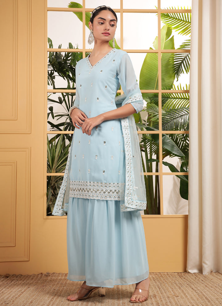 Women's Sky Blue Designer Georgette Embroidered Plazzo Suit