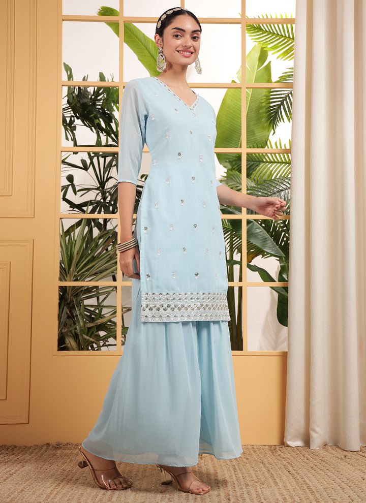 Women's Sky Blue Designer Georgette Embroidered Plazzo Suit