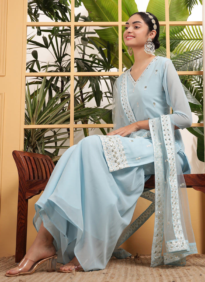 Women's Sky Blue Designer Georgette Embroidered Plazzo Suit