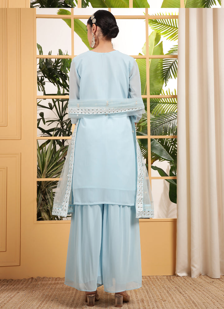 Women's Sky Blue Designer Georgette Embroidered Plazzo Suit