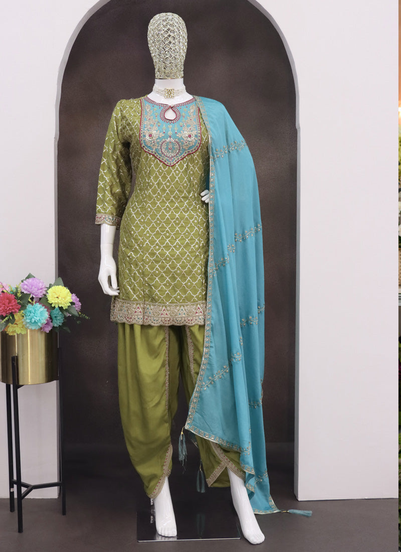 Women's Mahendi Chinon Silk Embroidered Designer Dhoti Suit Green / M | Trendia Global Women's Mahendi Chinon Silk Embroidered Designer Dhoti Suit Green / M | Trendia Global