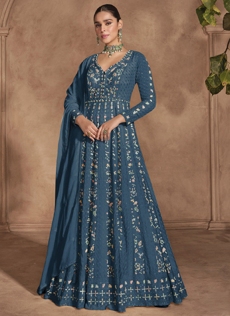 Women's Blue Chinon Silk Embroidered Anarkali Set