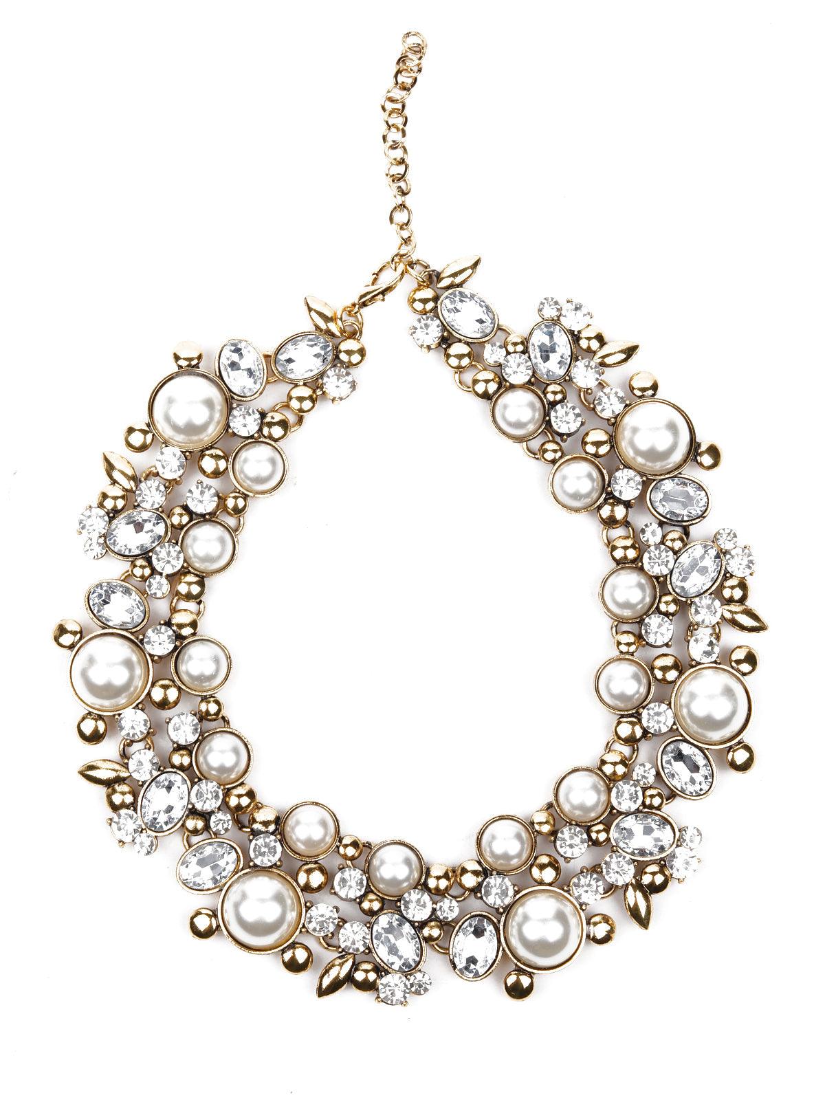 Women's Very Elegant Rounded Embellished With Crystals And Pearls Necklac