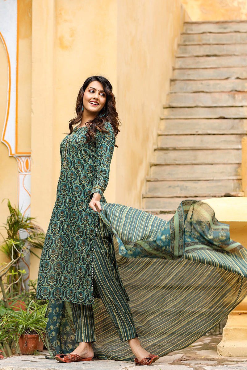 Women's Cotton Blend Printed Kurta Pant Dupatta Set