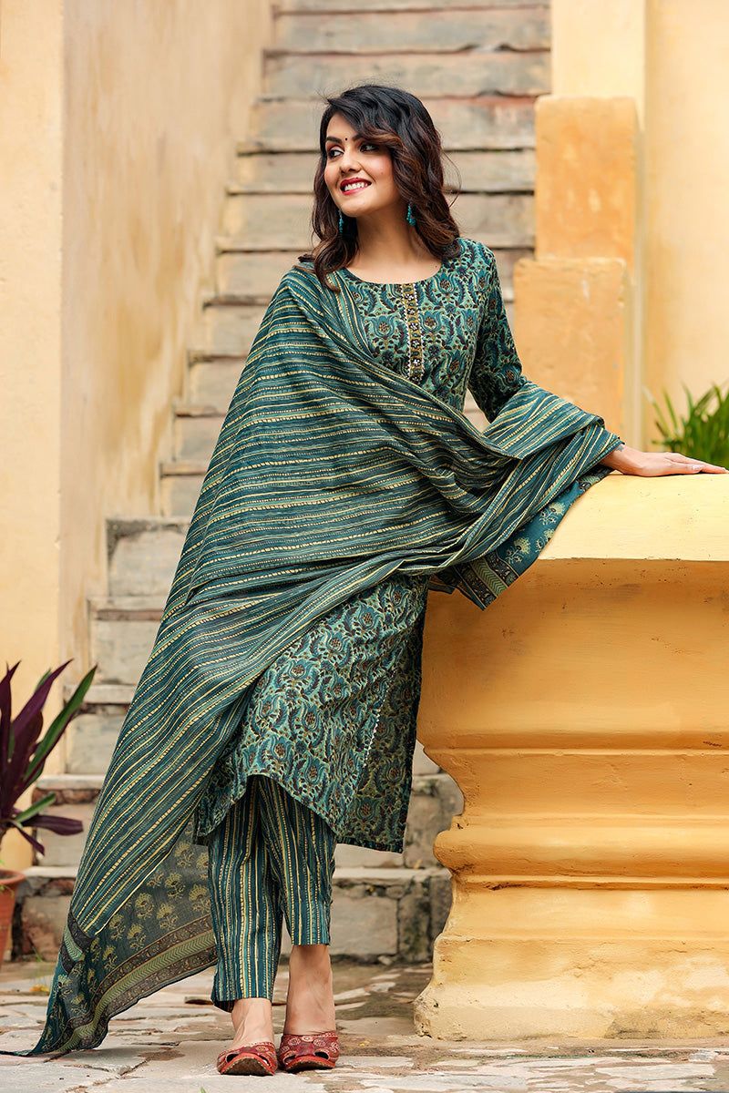 Women's Cotton Blend Printed Kurta Pant Dupatta Set