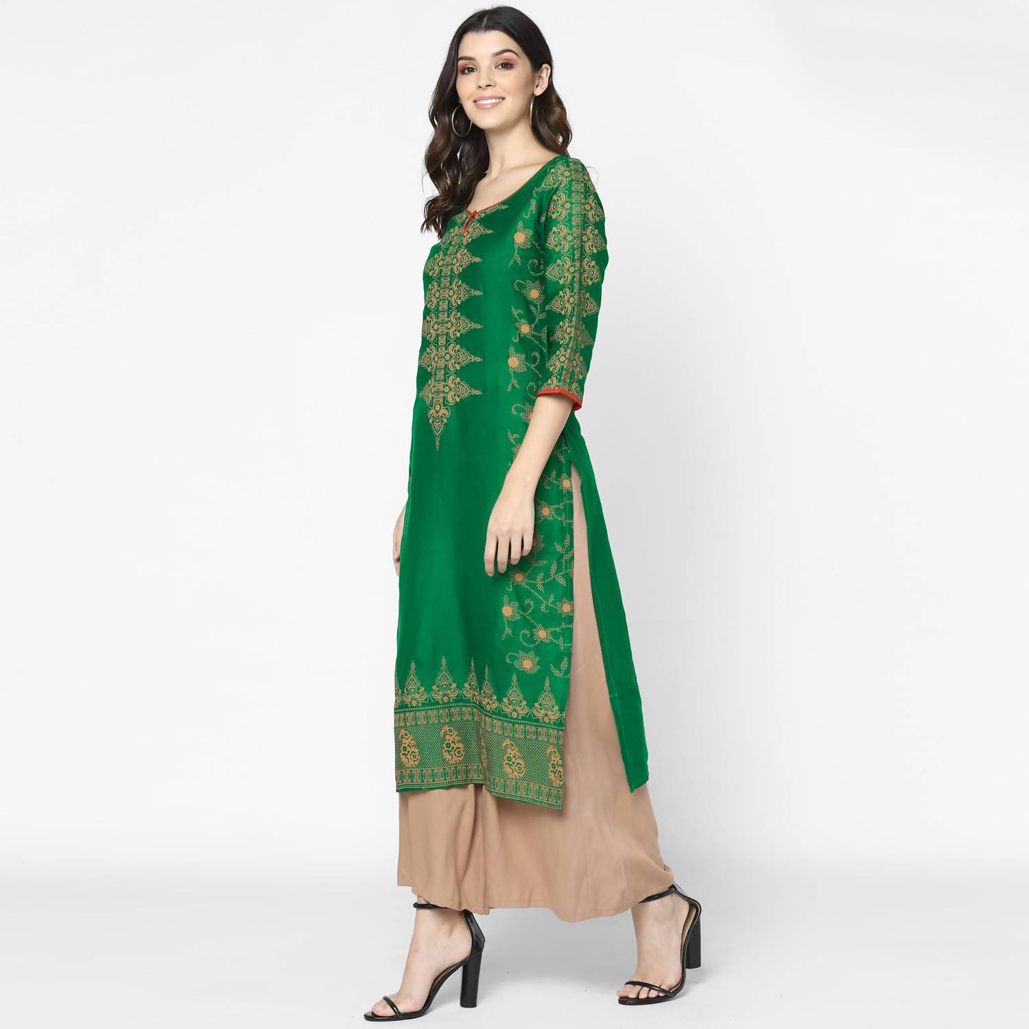 Women's Bottle Green 100% Cotton Hand Block Print Straight Kurta Only