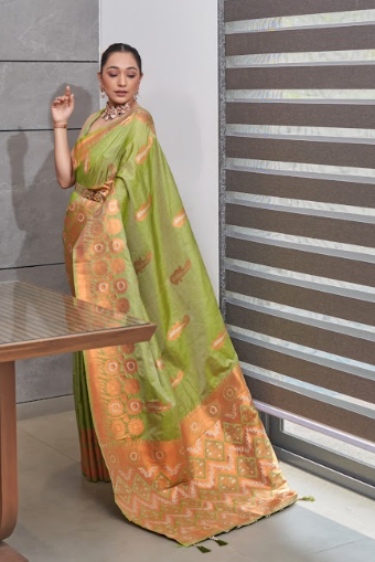 Women's Pistachio Green Devika Tussar Silk Copper Zari Woven Saree - TASARIKA