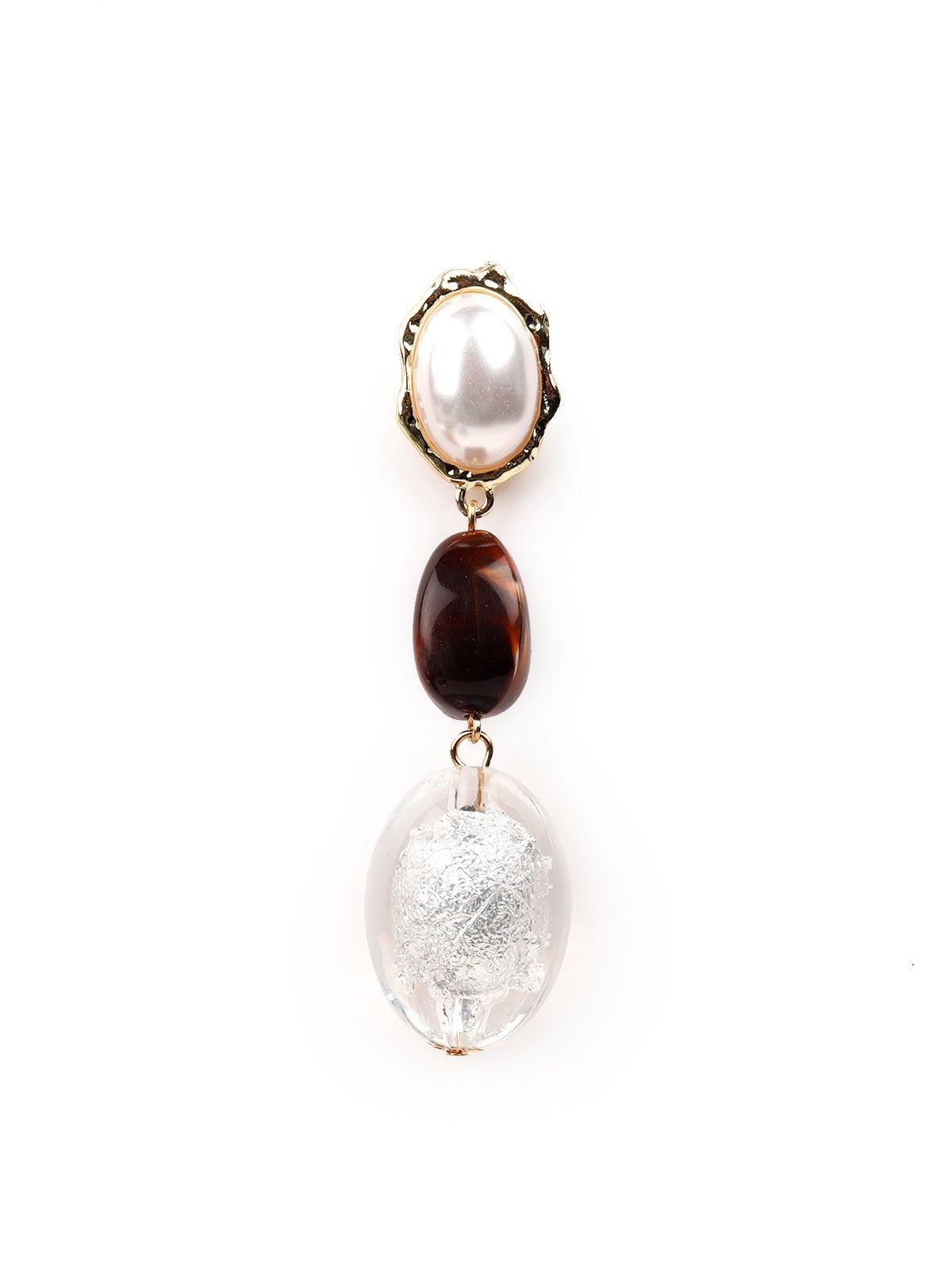 Women's White And Brown Silver Beaded Drop Earring