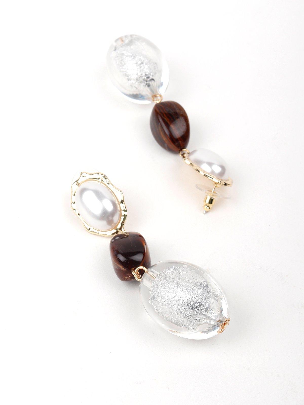 Women's White And Brown Silver Beaded Drop Earring