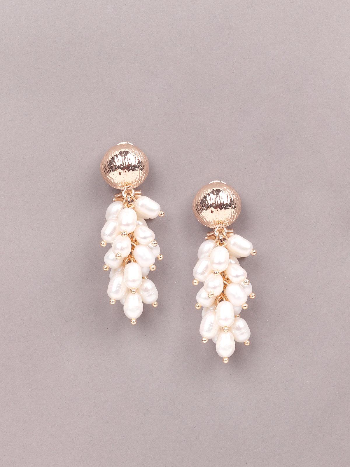 Women's White And Gold Beaded Drop Earring