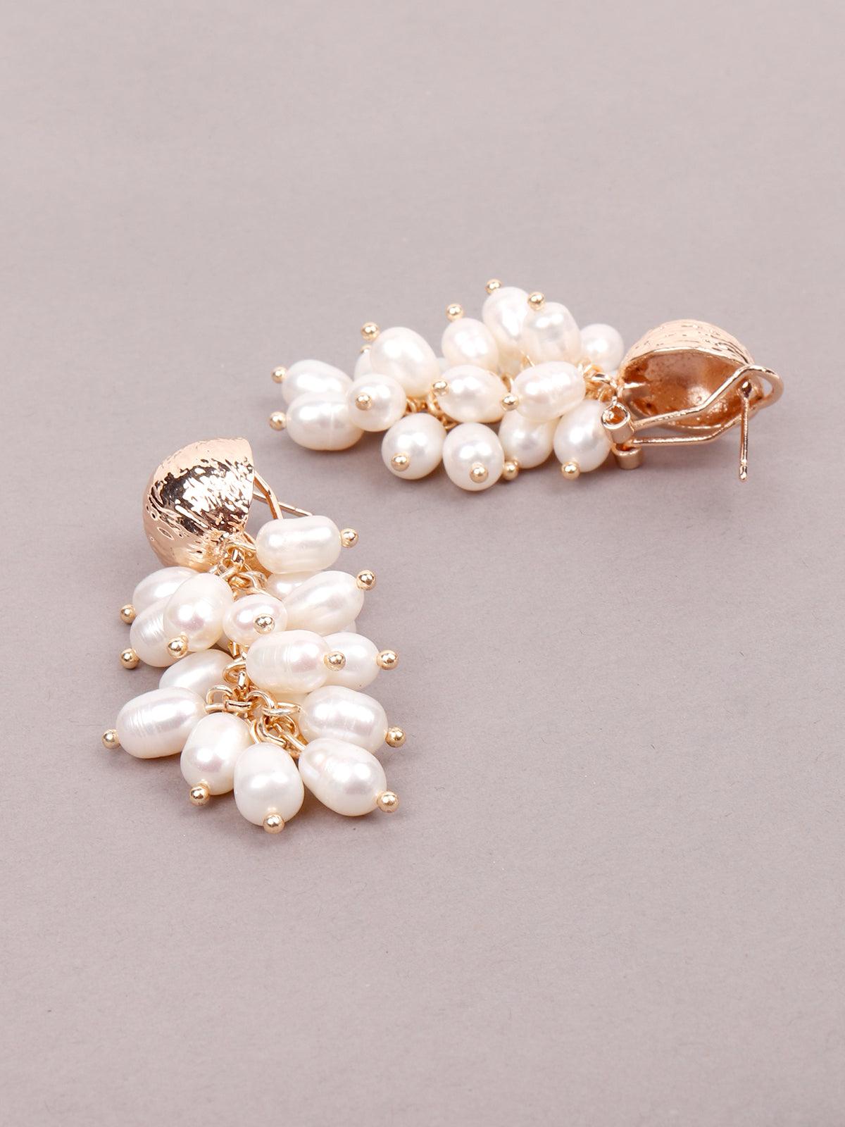 Women's White And Gold Beaded Drop Earring