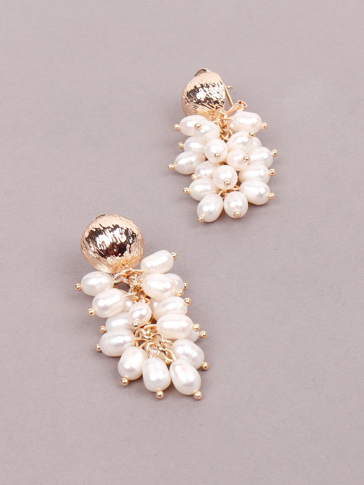 Women's White And Gold Beaded Drop Earring