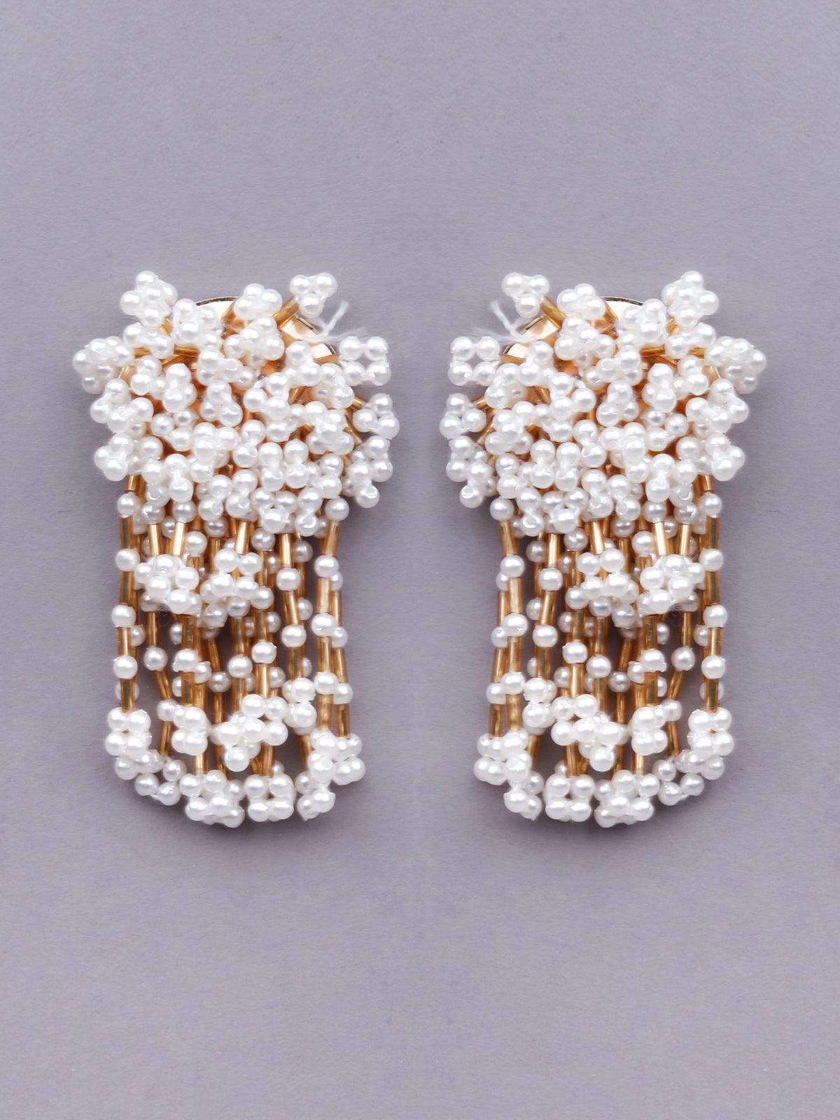 Women's White Artifical Beads Drop Statement Earrings
