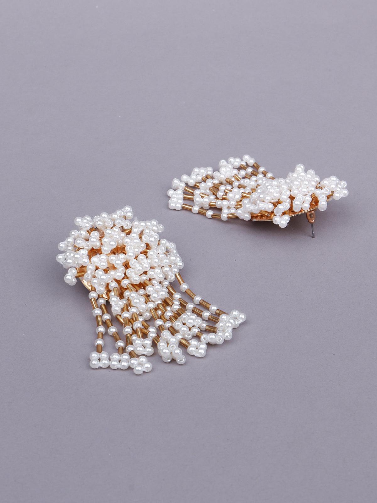 Women's White Artifical Beads Drop Statement Earrings