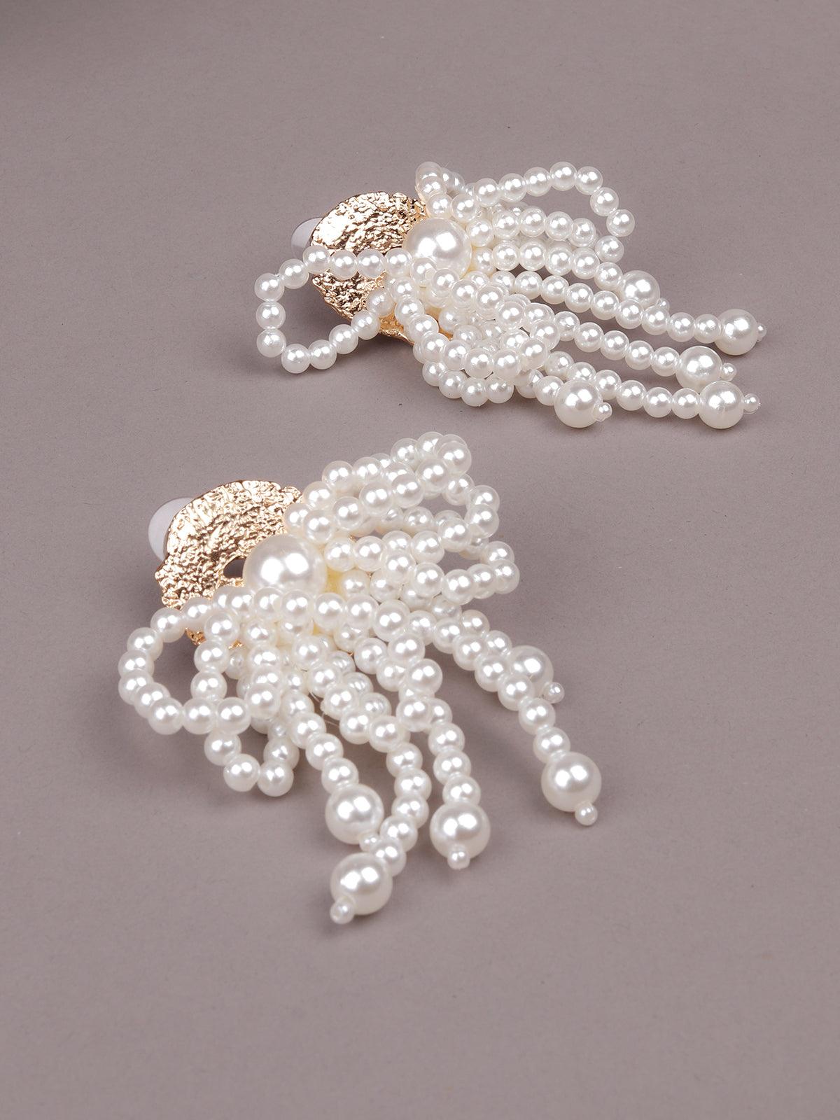 Women's White Artifical Beads Ow Shaped Drop Statement Earrings