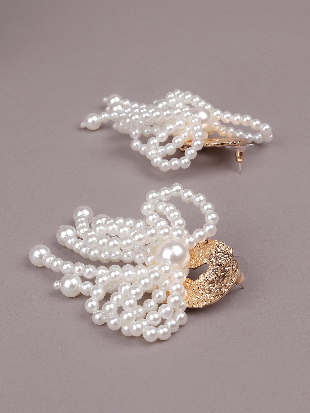 Women's White Artifical Beads Ow Shaped Drop Statement Earrings