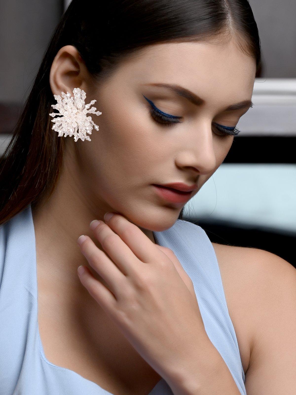 Women's White Beaded Floral Shaped Statement Earring