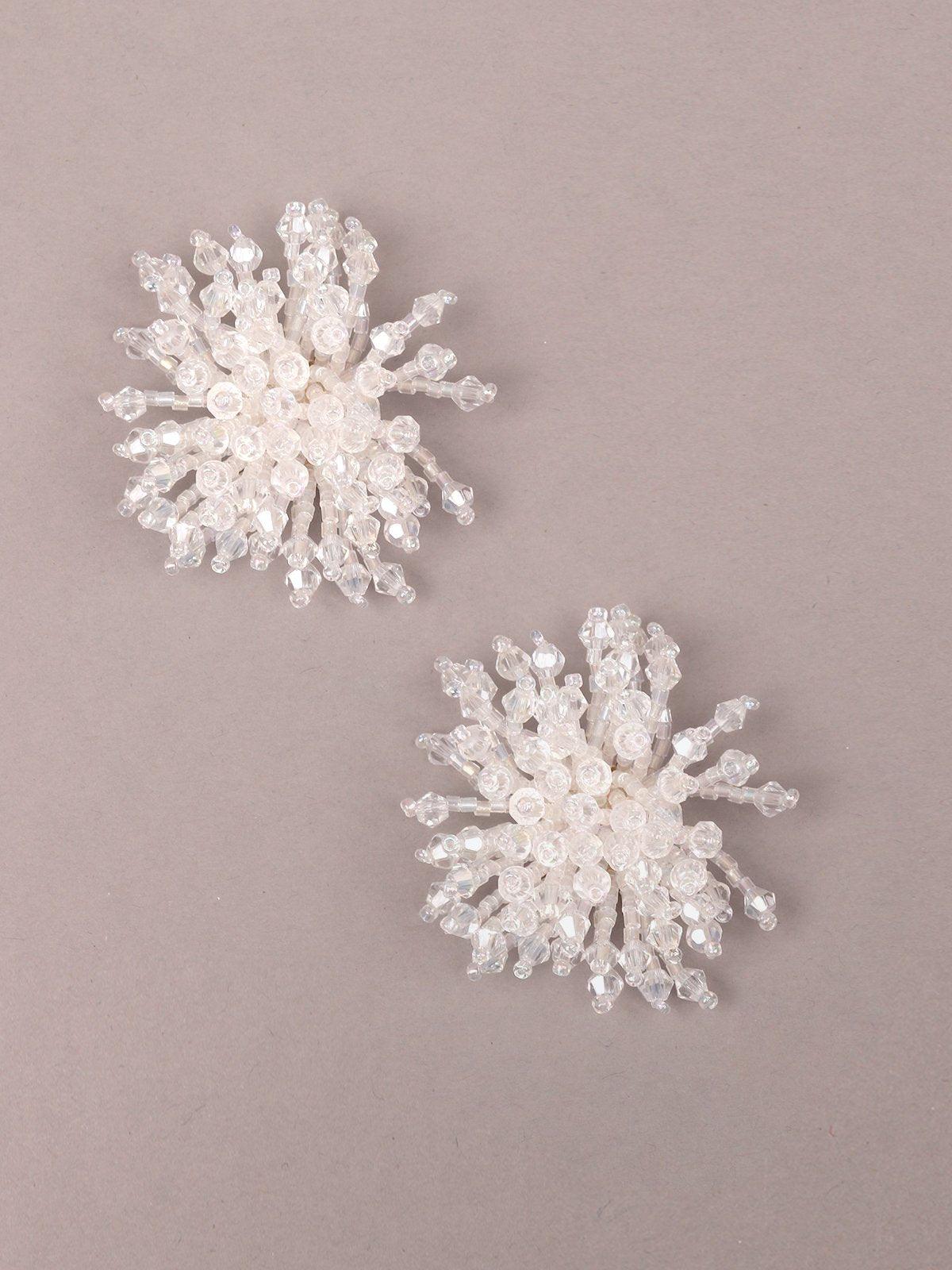 Women's White Beaded Floral Shaped Statement Earring