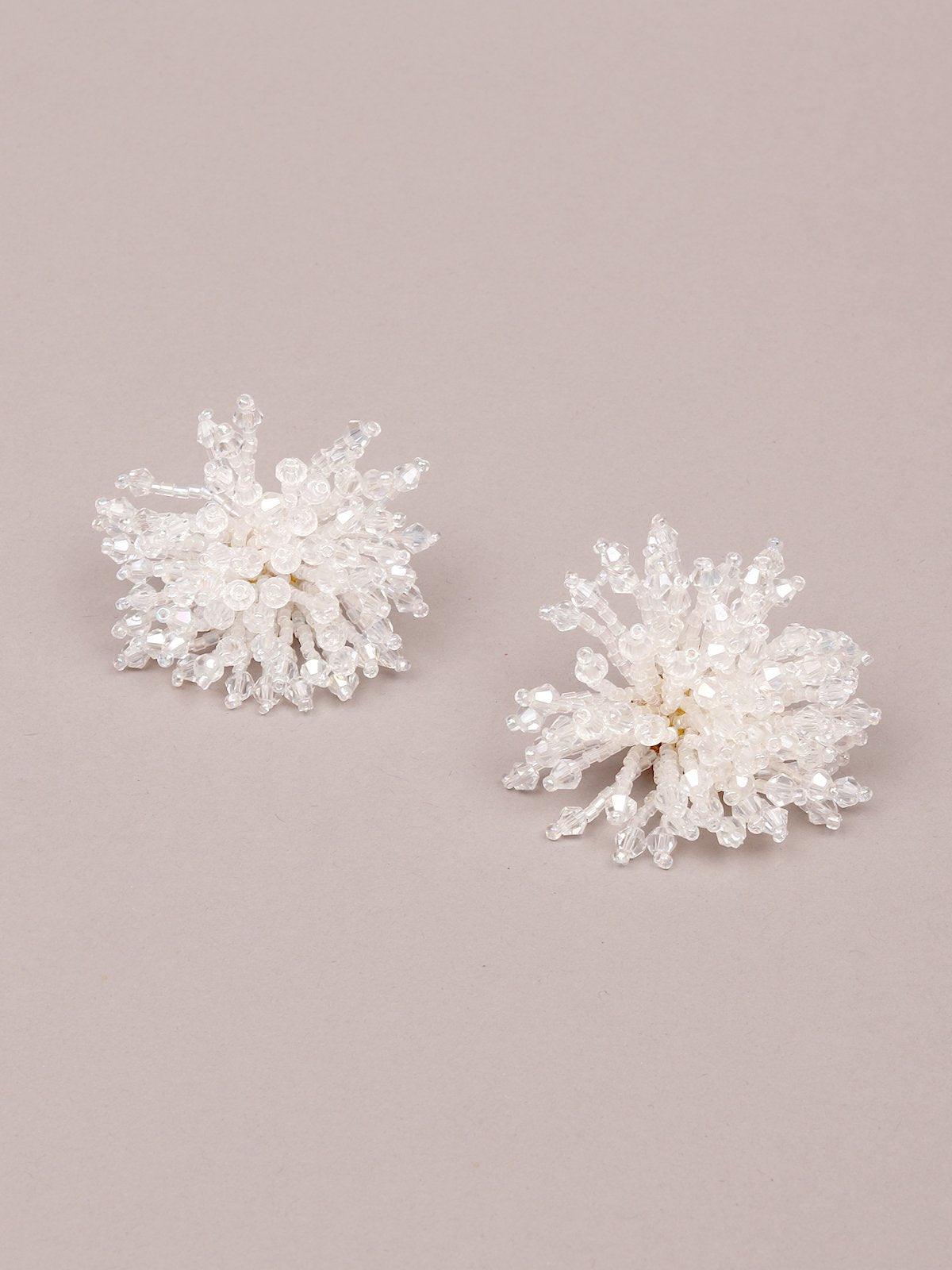 Women's White Beaded Floral Shaped Statement Earring