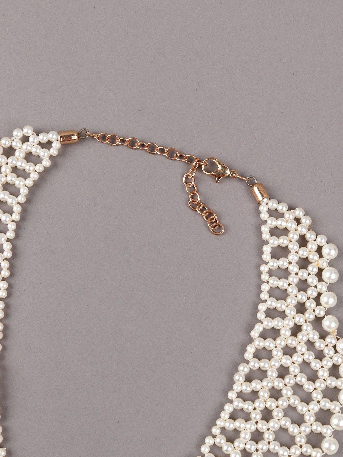 Women's White Beaded Layered Necklace With Pearl