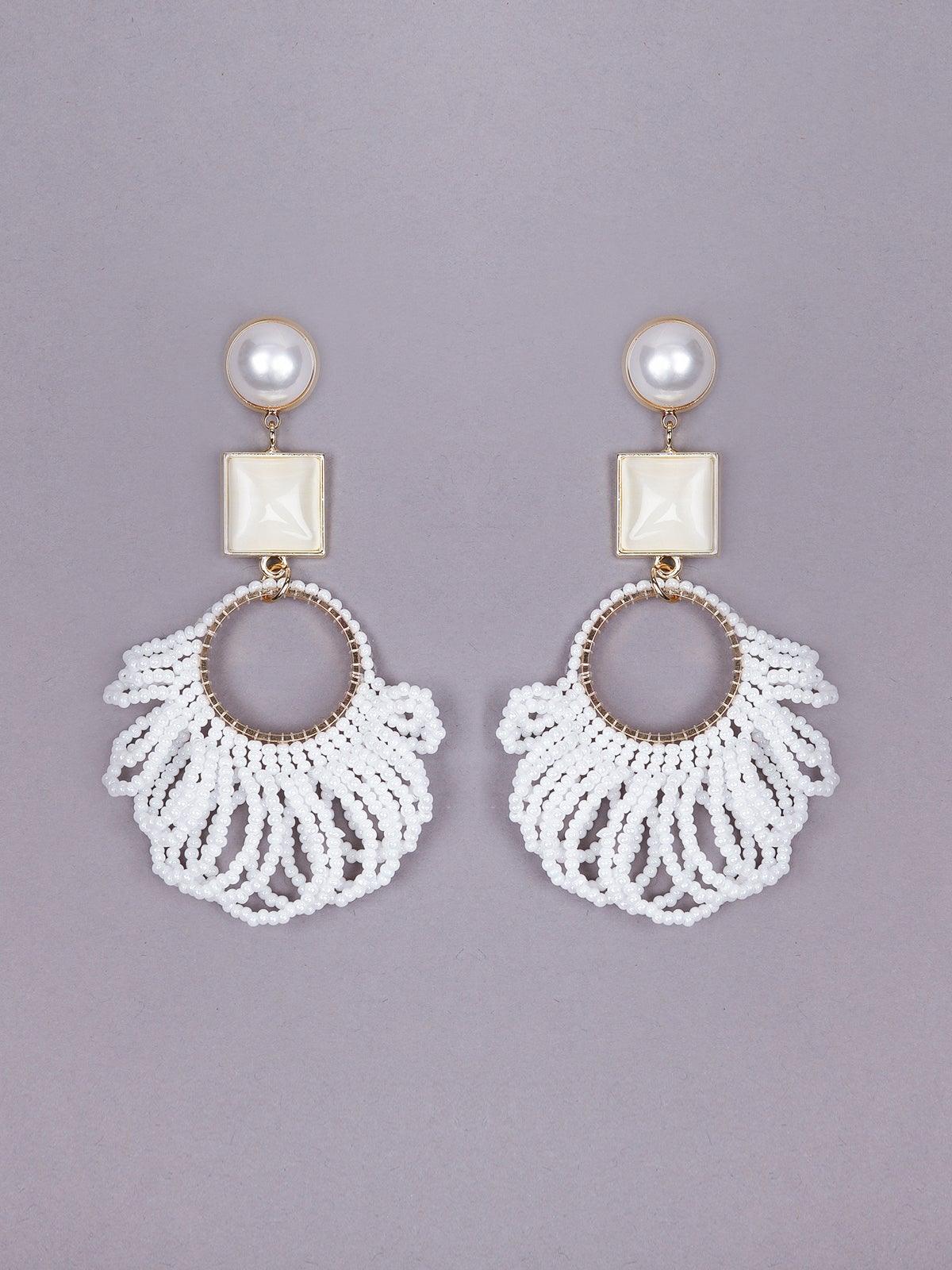 Women's White Beaded Rounded Drop Earring
