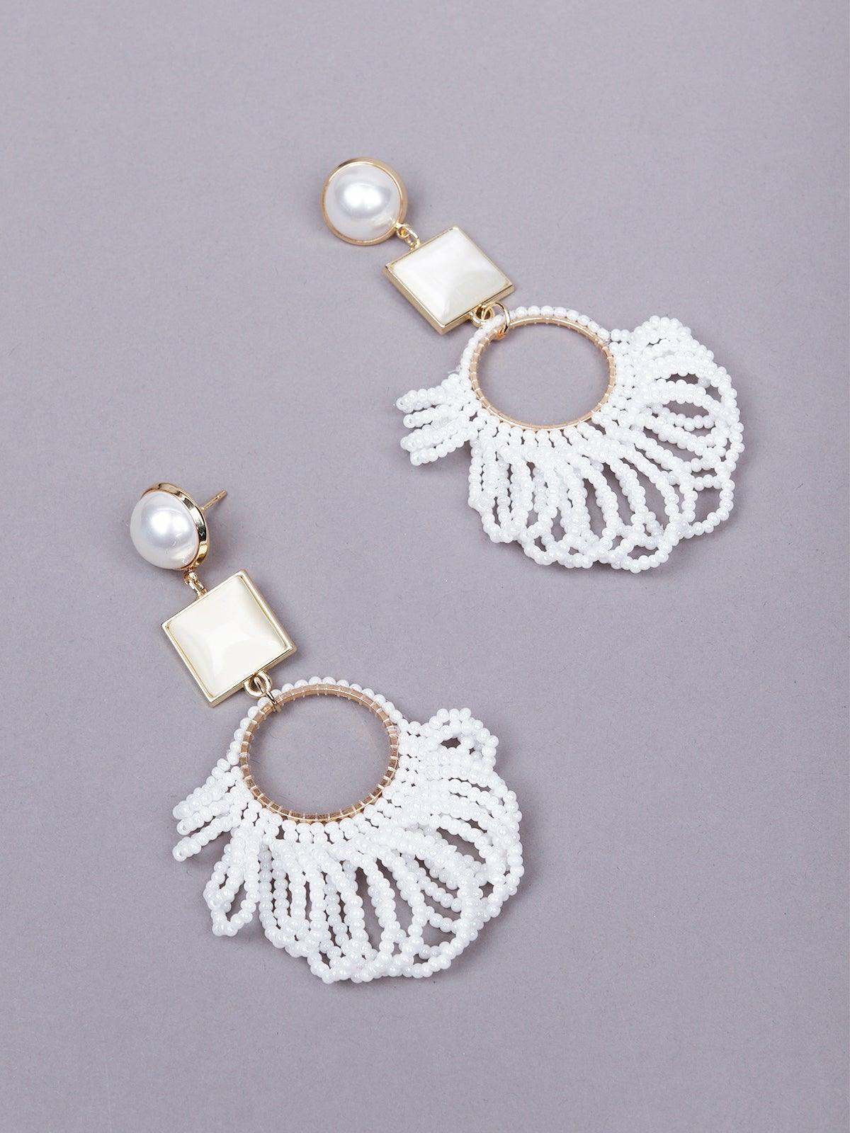 Women's White Beaded Rounded Drop Earring