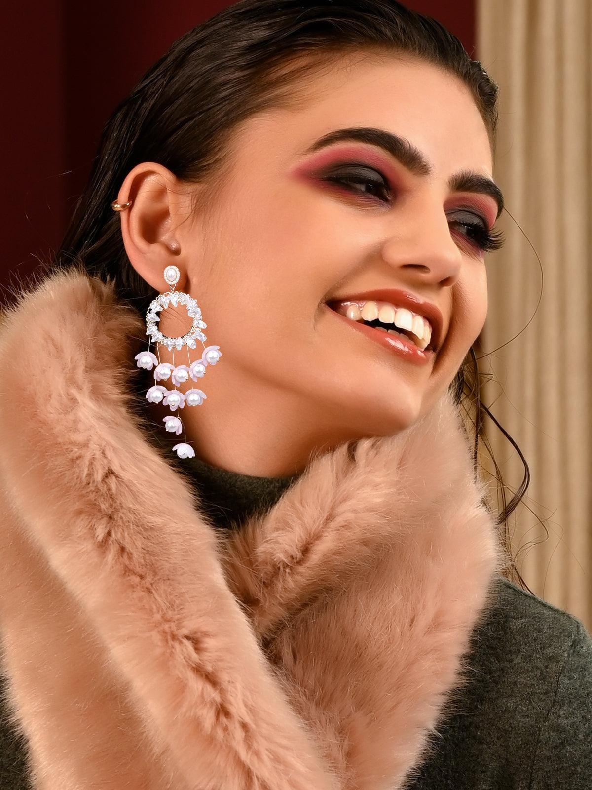Women's White Beaded Rounded Drop Statement Earrings