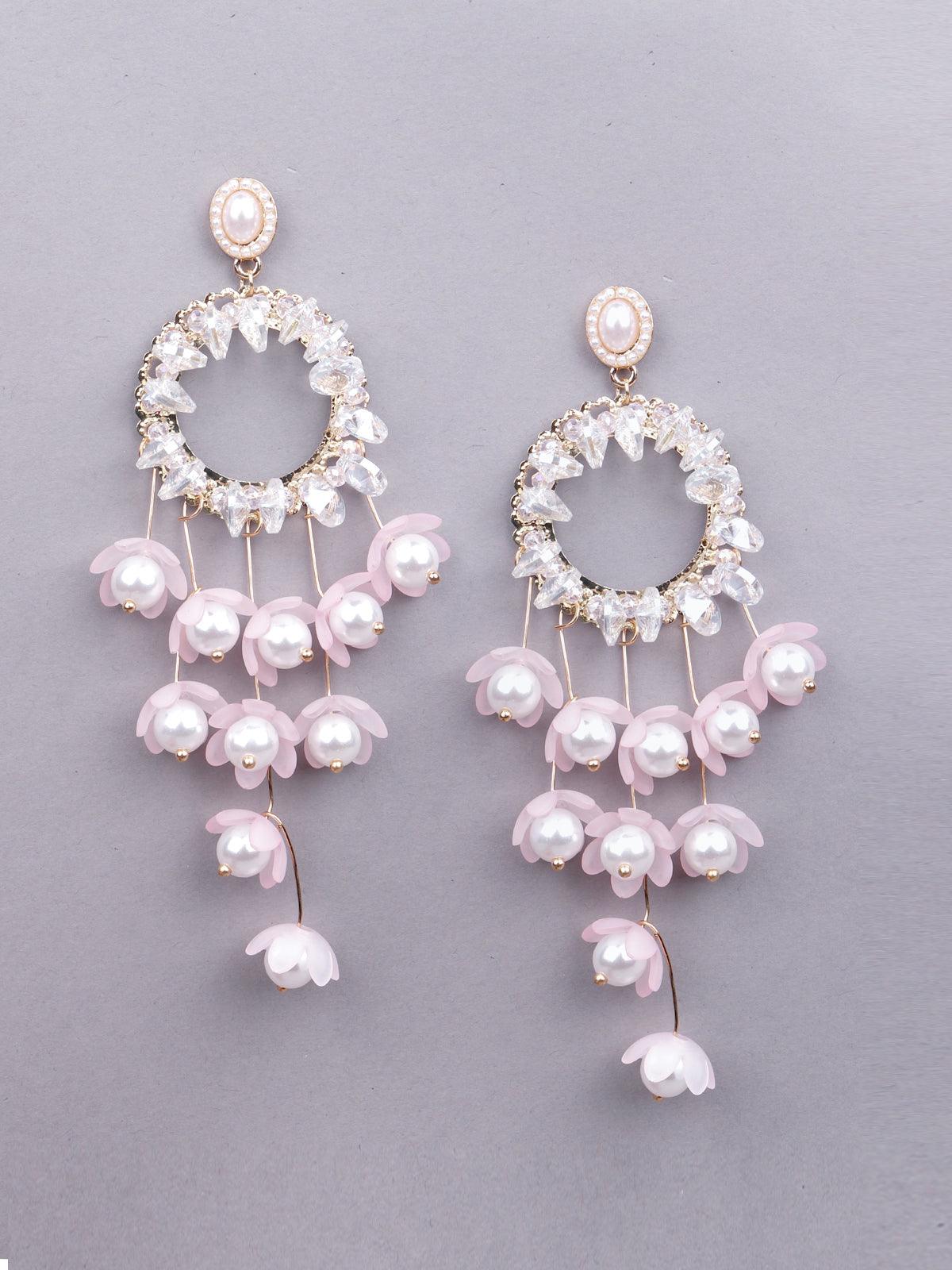Women's White Beaded Rounded Drop Statement Earrings