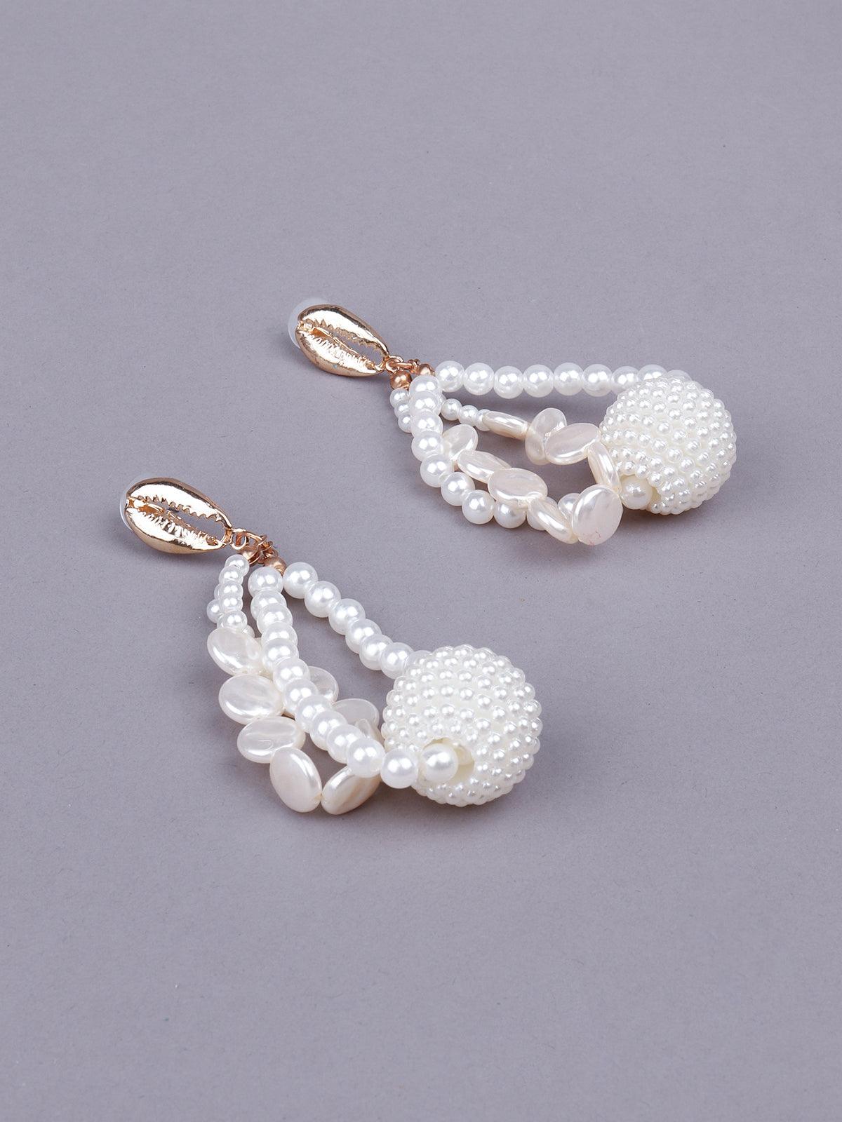 Women's White Beaded Rounded Drop Statement Earrings