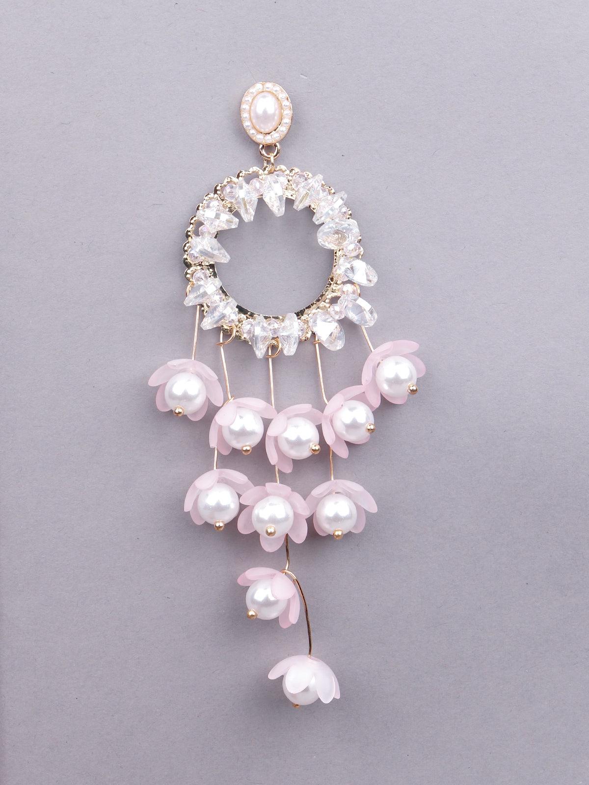 Women's White Beaded Rounded Drop Statement Earrings