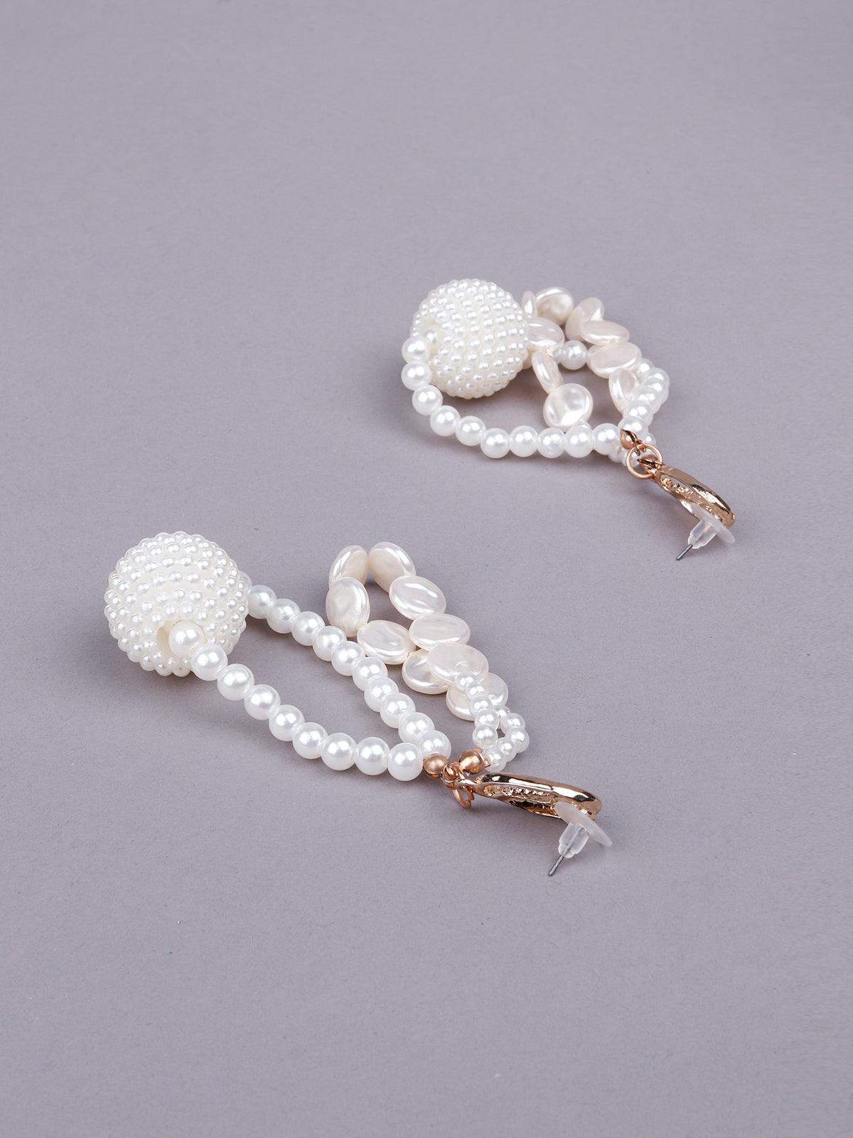 Women's White Beaded Rounded Drop Statement Earrings
