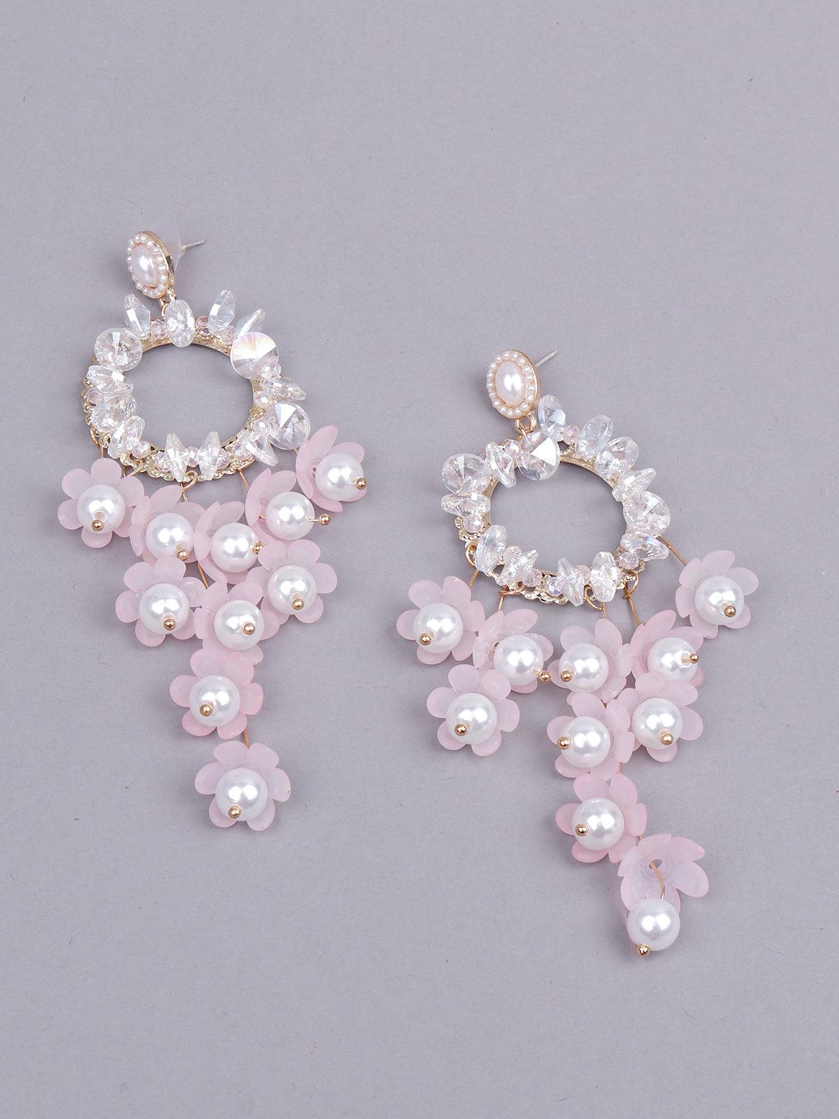 Women's White Beaded Rounded Drop Statement Earrings
