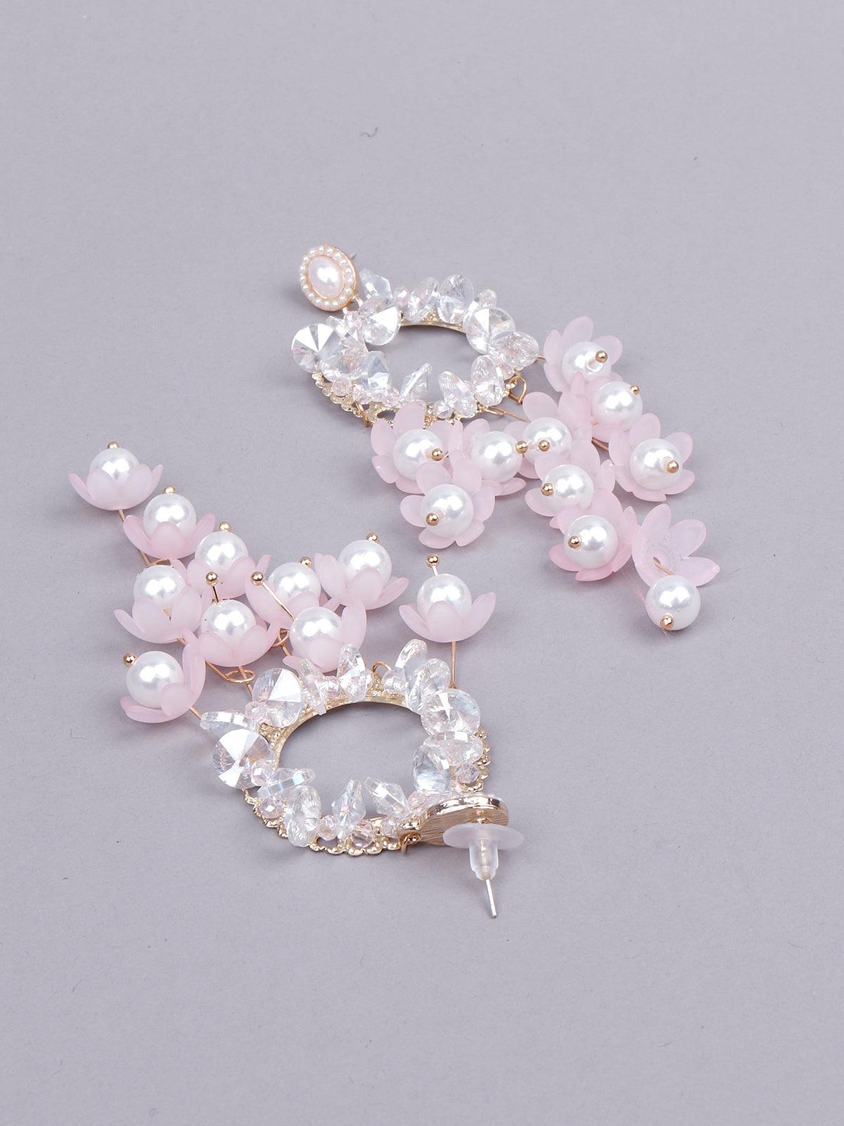 Women's White Beaded Rounded Drop Statement Earrings