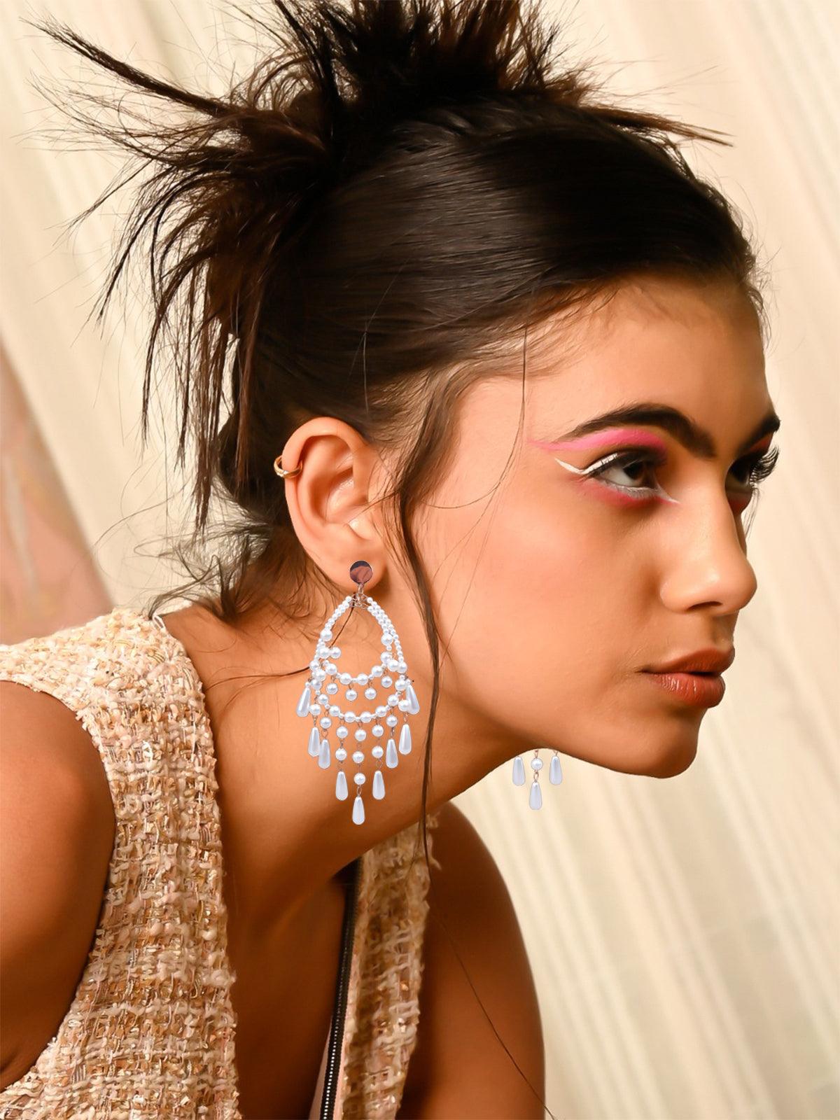 Women's White Faux Beaded Chandelier Statement Earring