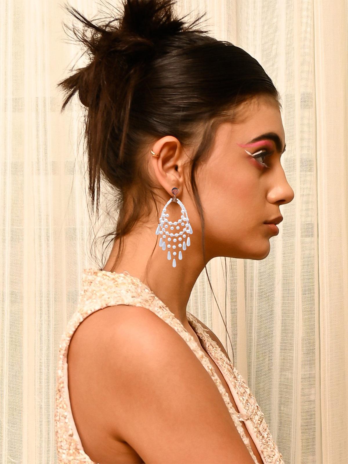 Women's White Faux Beaded Chandelier Statement Earring