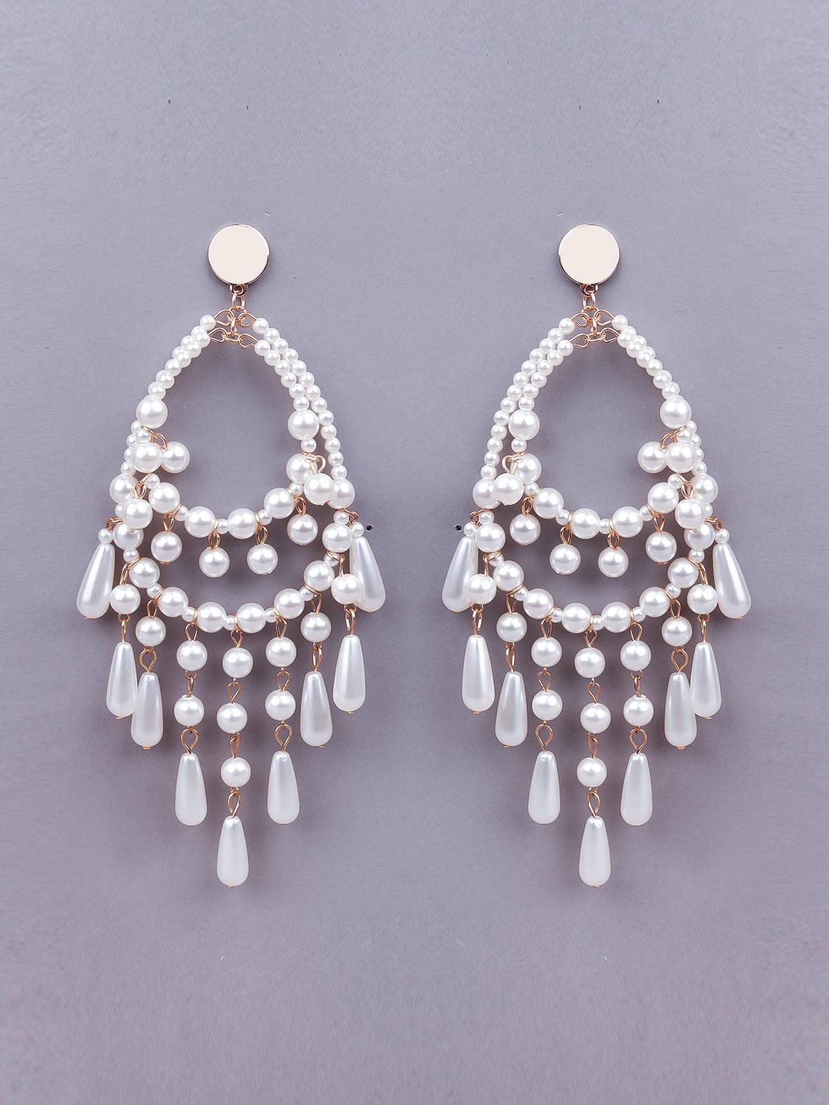 Women's White Faux Beaded Chandelier Statement Earring