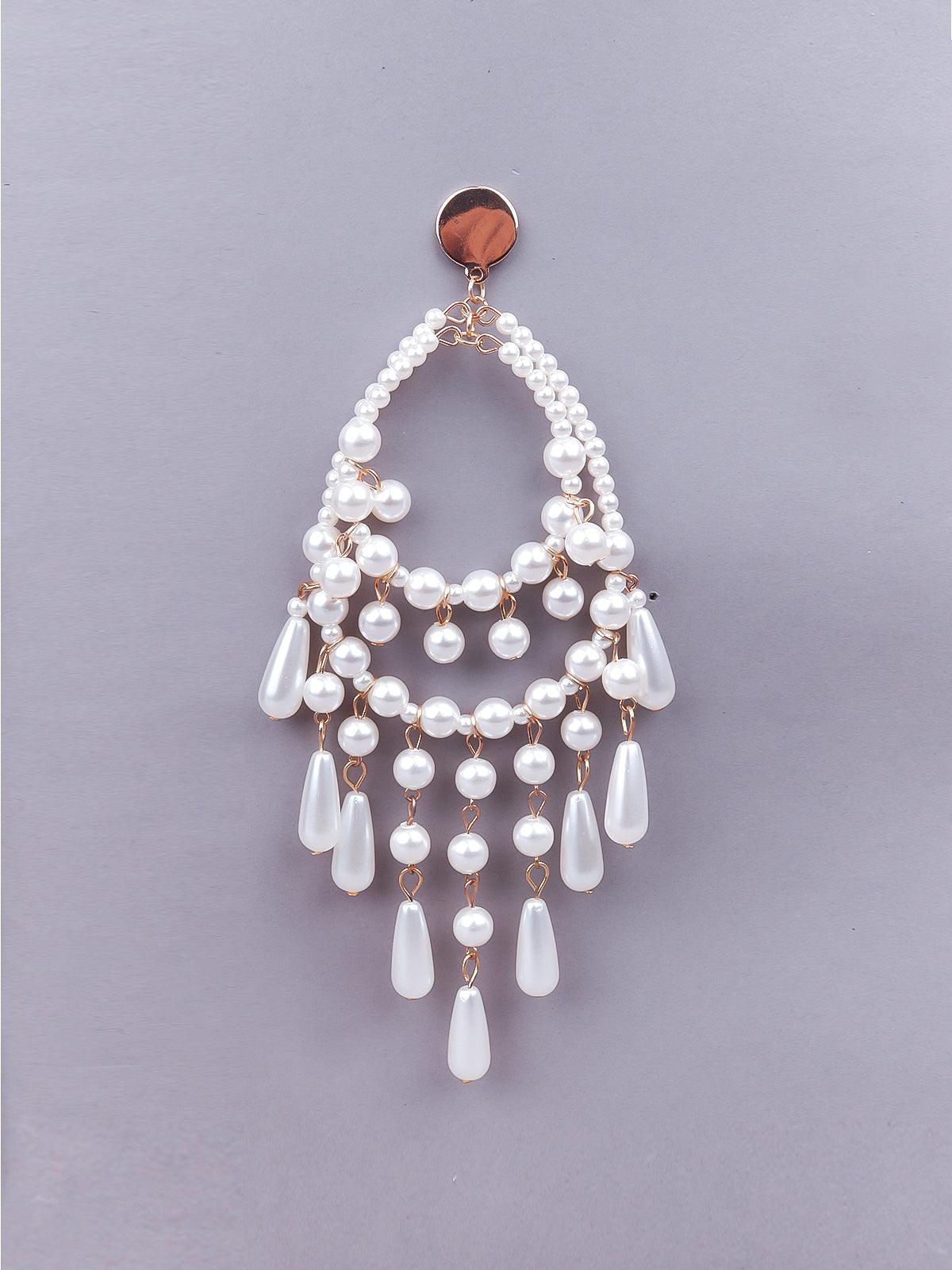 Women's White Faux Beaded Chandelier Statement Earring